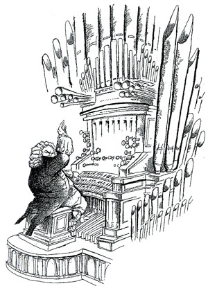 cartoon Bach achter orgel
